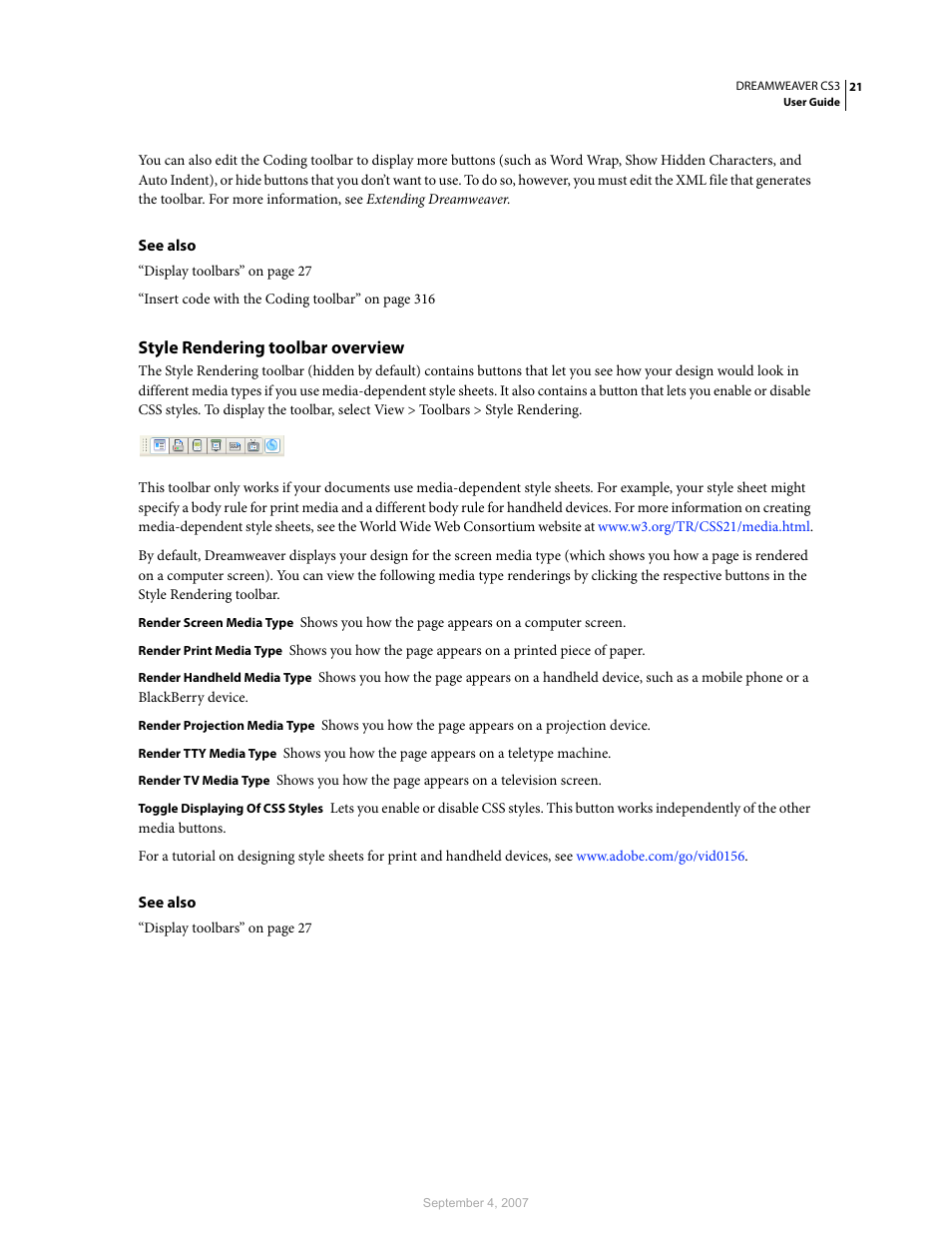 Style rendering toolbar overview | Adobe Dreamweaver CS3 User Manual | Page 28 / 738