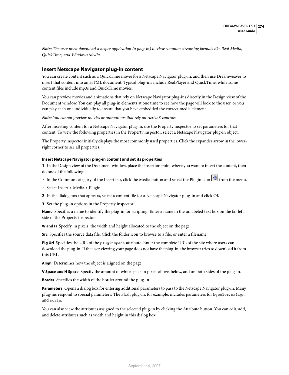 Insert netscape navigator plug-in content | Adobe Dreamweaver CS3 User Manual | Page 281 / 738