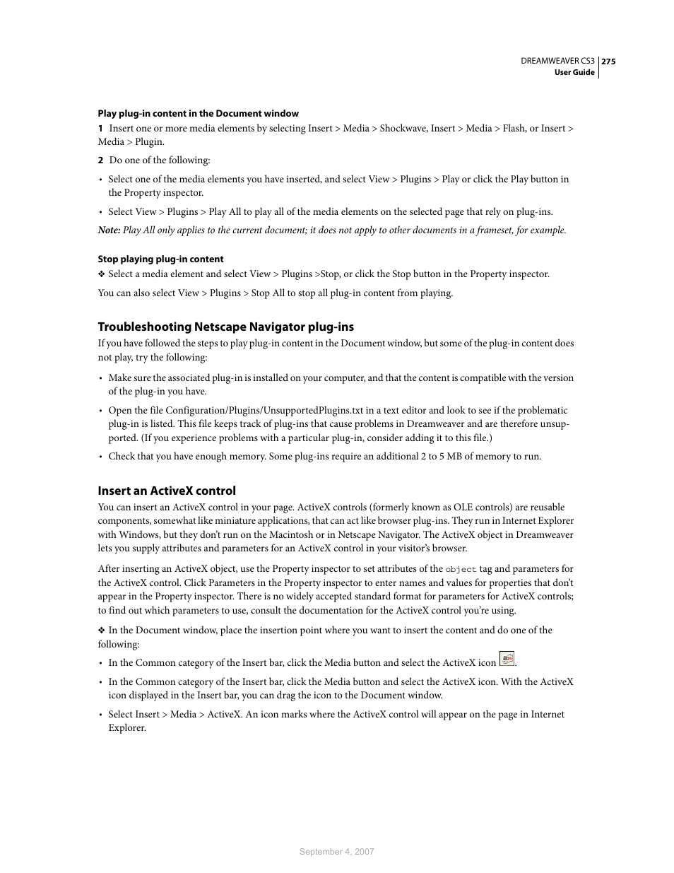 Troubleshooting netscape navigator plug-ins, Insert an activex control | Adobe Dreamweaver CS3 User Manual | Page 282 / 738