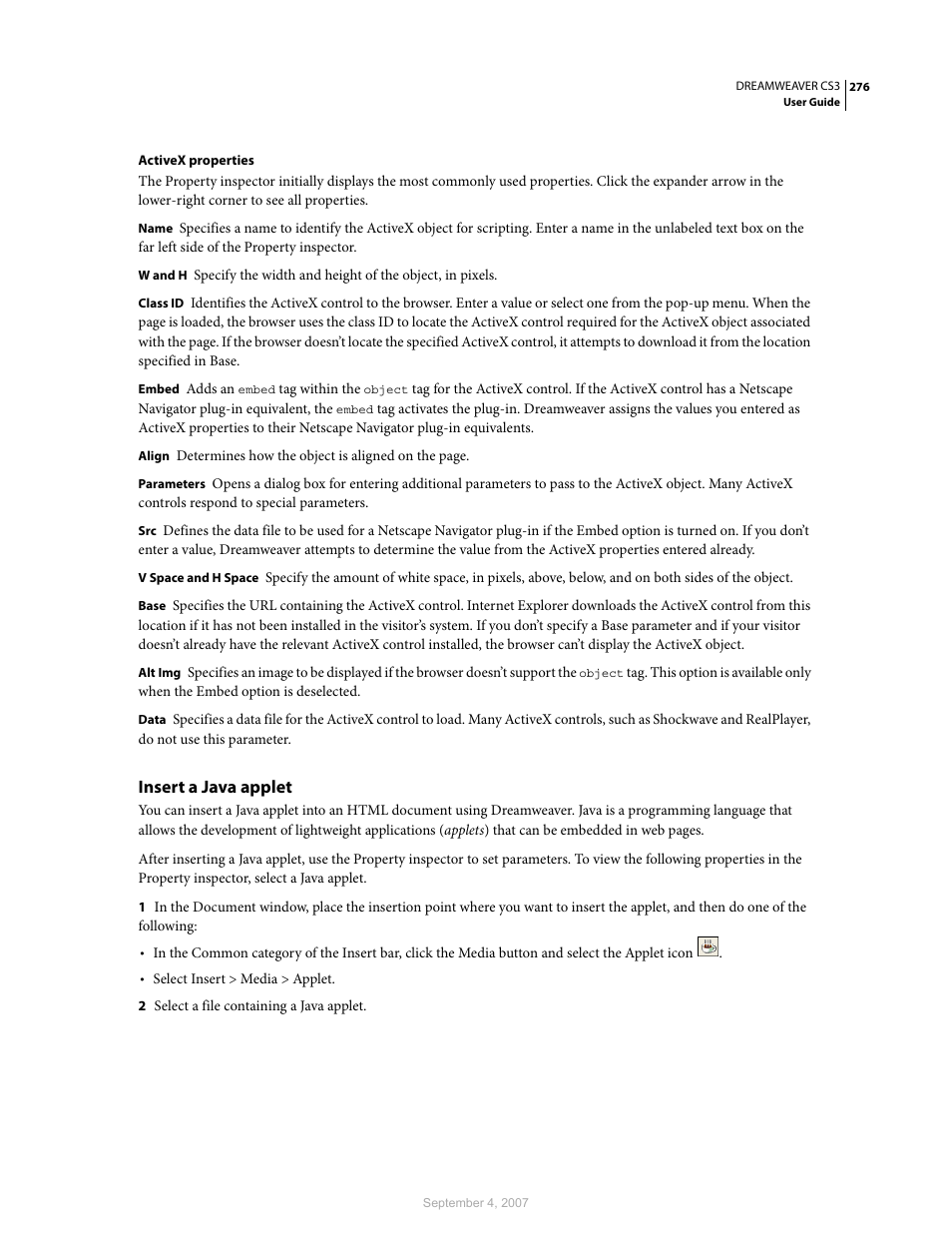 Insert a java applet | Adobe Dreamweaver CS3 User Manual | Page 283 / 738