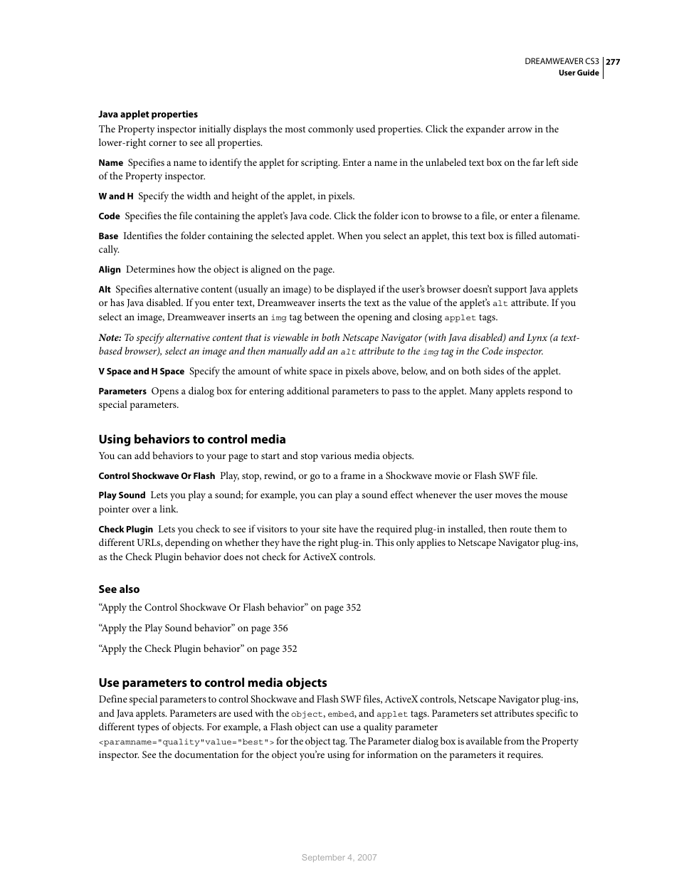 Using behaviors to control media, Use parameters to control media objects | Adobe Dreamweaver CS3 User Manual | Page 284 / 738