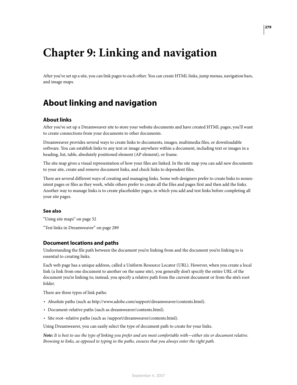 Chapter 9: linking and navigation, About linking and navigation, About links | Document locations and paths | Adobe Dreamweaver CS3 User Manual | Page 286 / 738