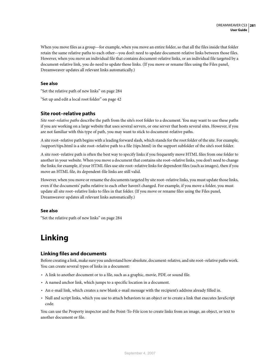 Site root-relative paths, Linking, Linking files and documents | Adobe Dreamweaver CS3 User Manual | Page 288 / 738