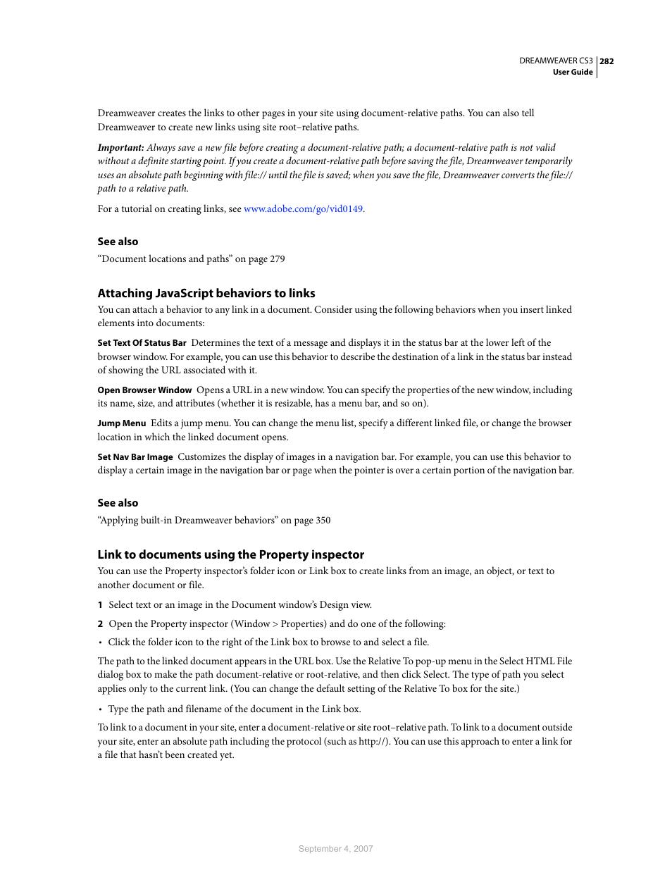 Attaching javascript behaviors to links, Link to documents using the property inspector | Adobe Dreamweaver CS3 User Manual | Page 289 / 738