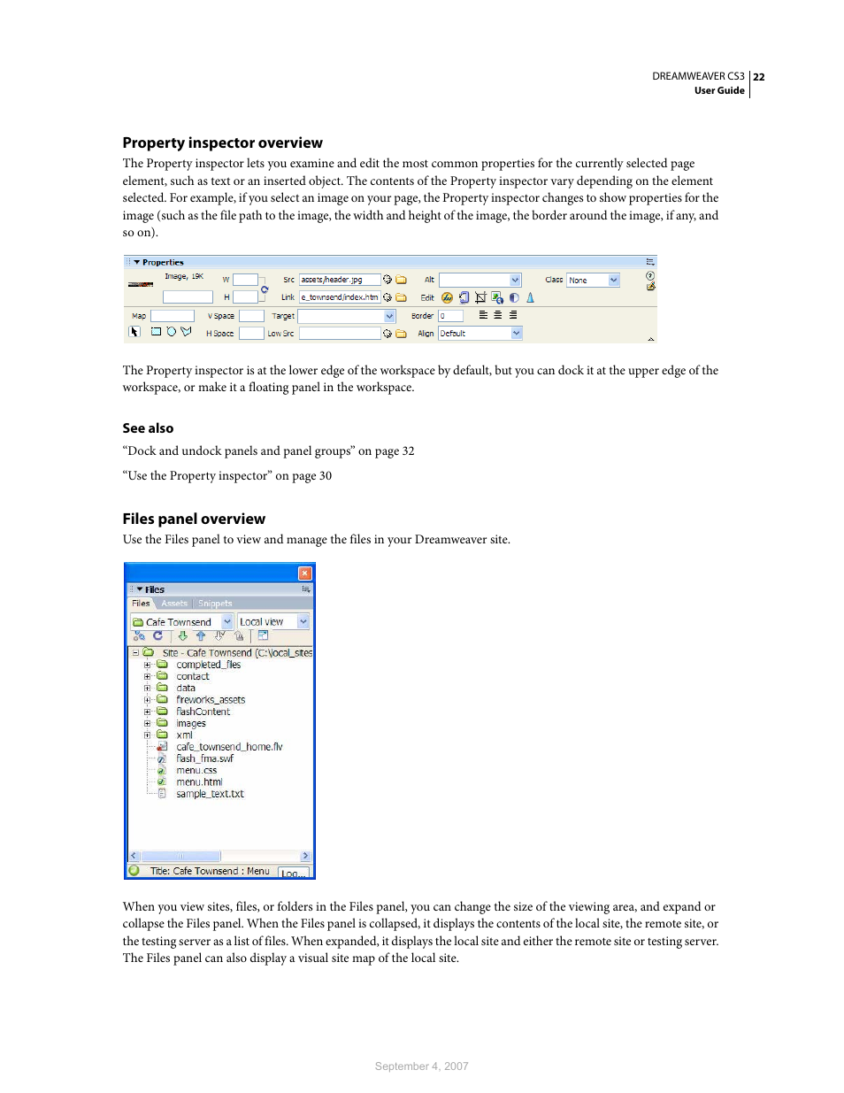 Property inspector overview, Files panel overview | Adobe Dreamweaver CS3 User Manual | Page 29 / 738