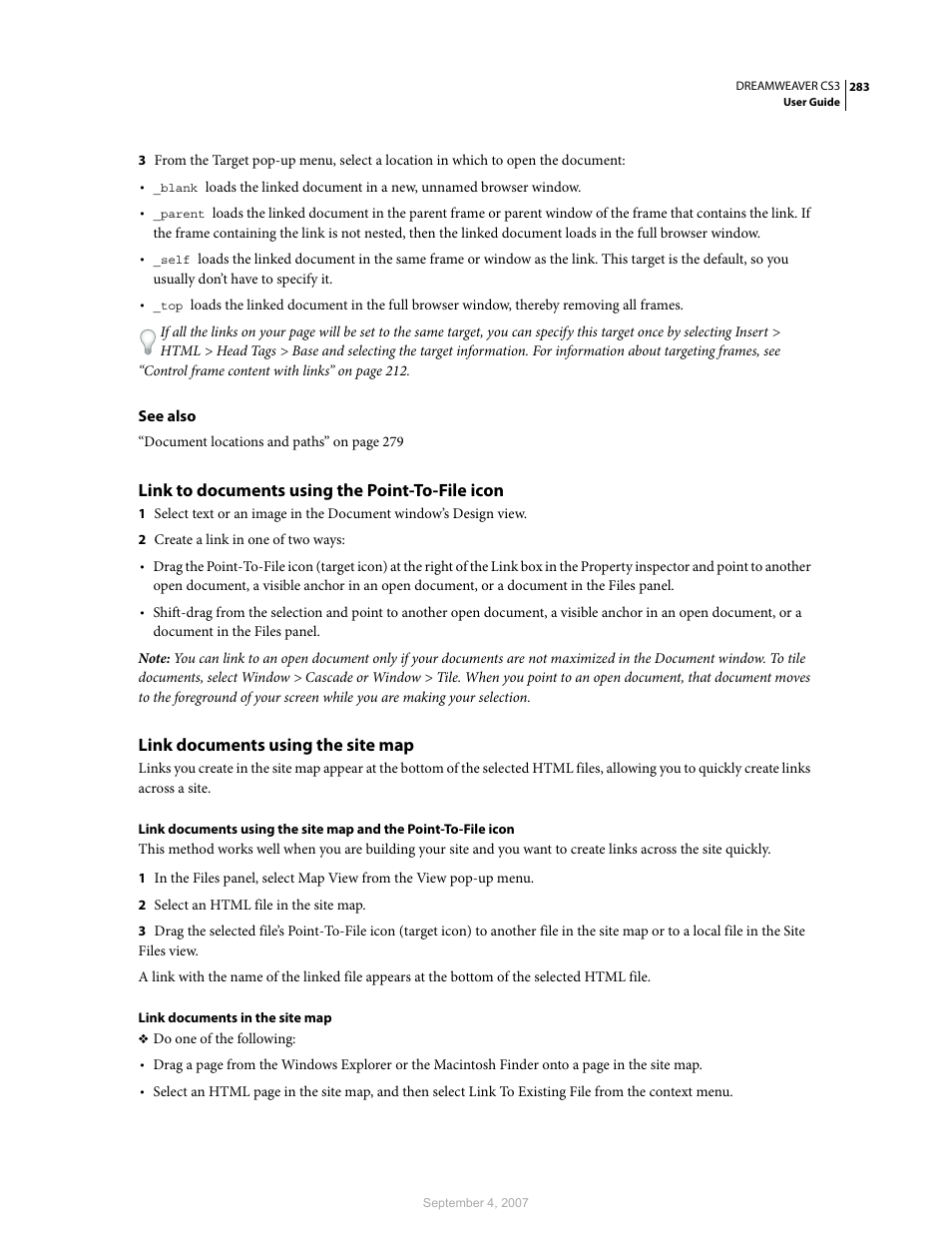 Link to documents using the point-to-file icon, Link documents using the site map | Adobe Dreamweaver CS3 User Manual | Page 290 / 738