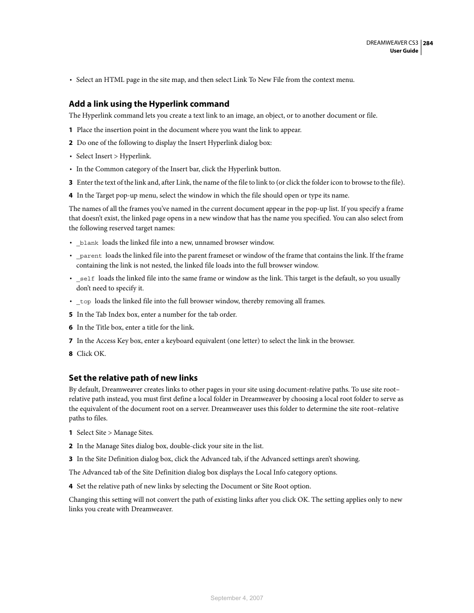 Add a link using the hyperlink command, Set the relative path of new links | Adobe Dreamweaver CS3 User Manual | Page 291 / 738