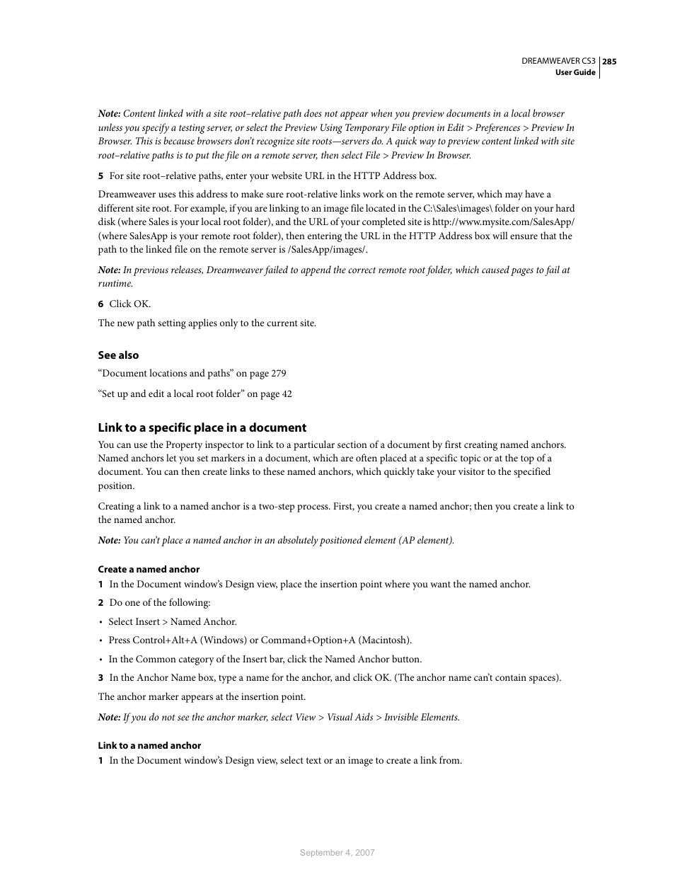 Link to a specific place in a document | Adobe Dreamweaver CS3 User Manual | Page 292 / 738