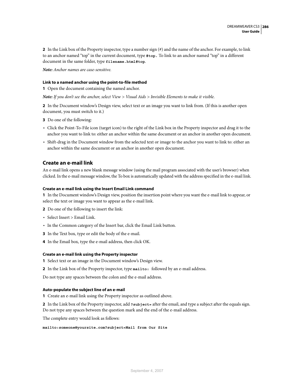 Create an e-mail link | Adobe Dreamweaver CS3 User Manual | Page 293 / 738