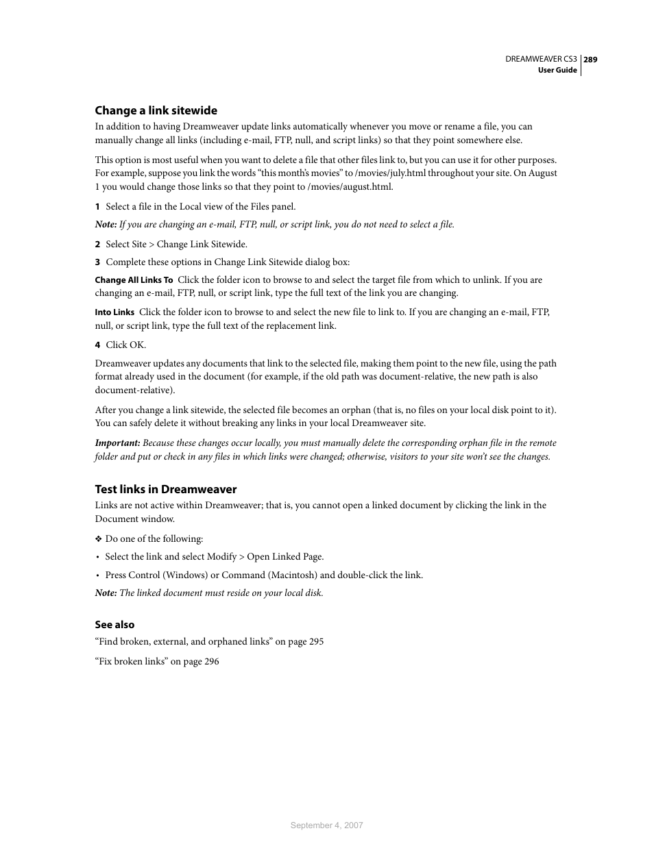 Change a link sitewide, Test links in dreamweaver | Adobe Dreamweaver CS3 User Manual | Page 296 / 738