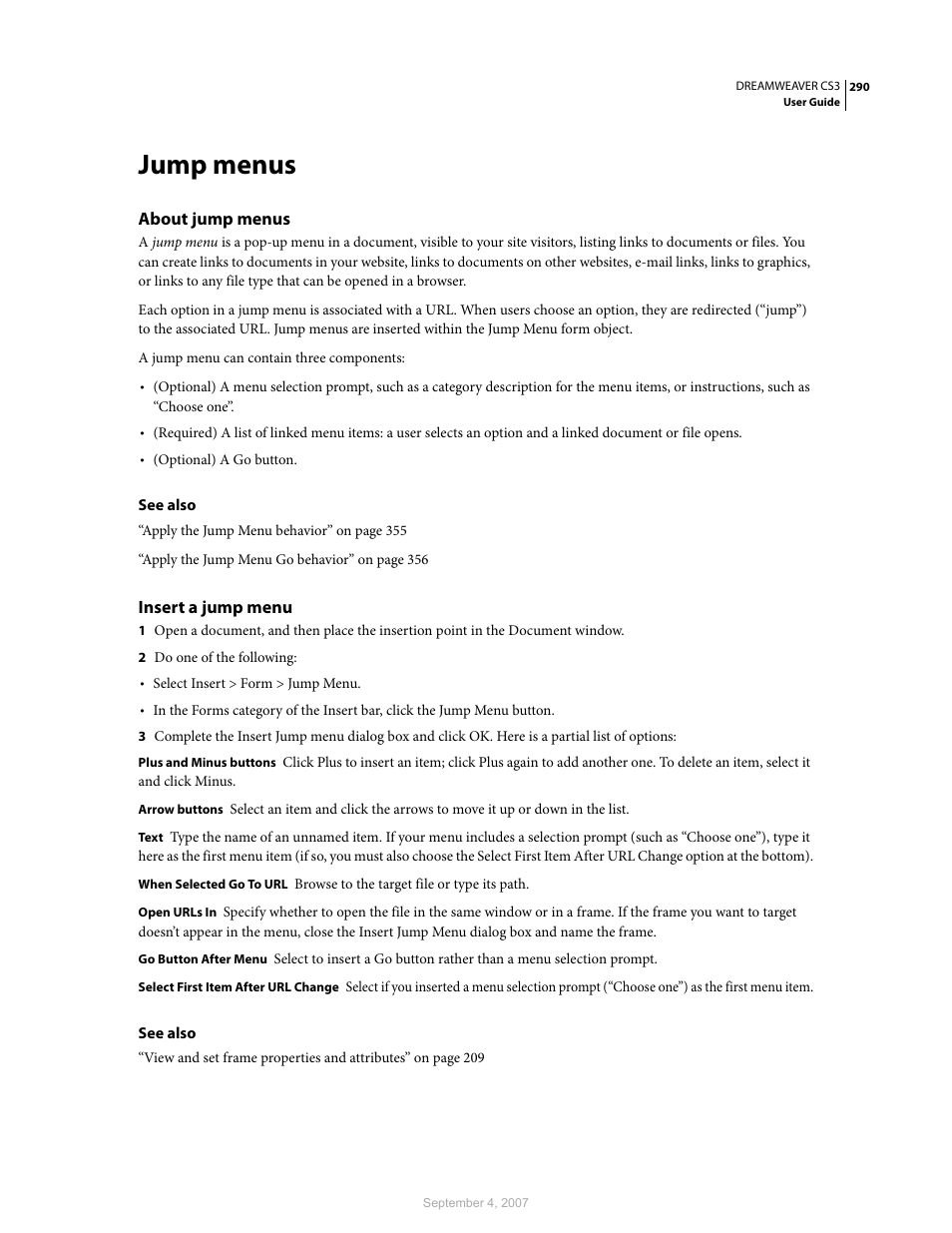 Jump menus, About jump menus, Insert a jump menu | Adobe Dreamweaver CS3 User Manual | Page 297 / 738