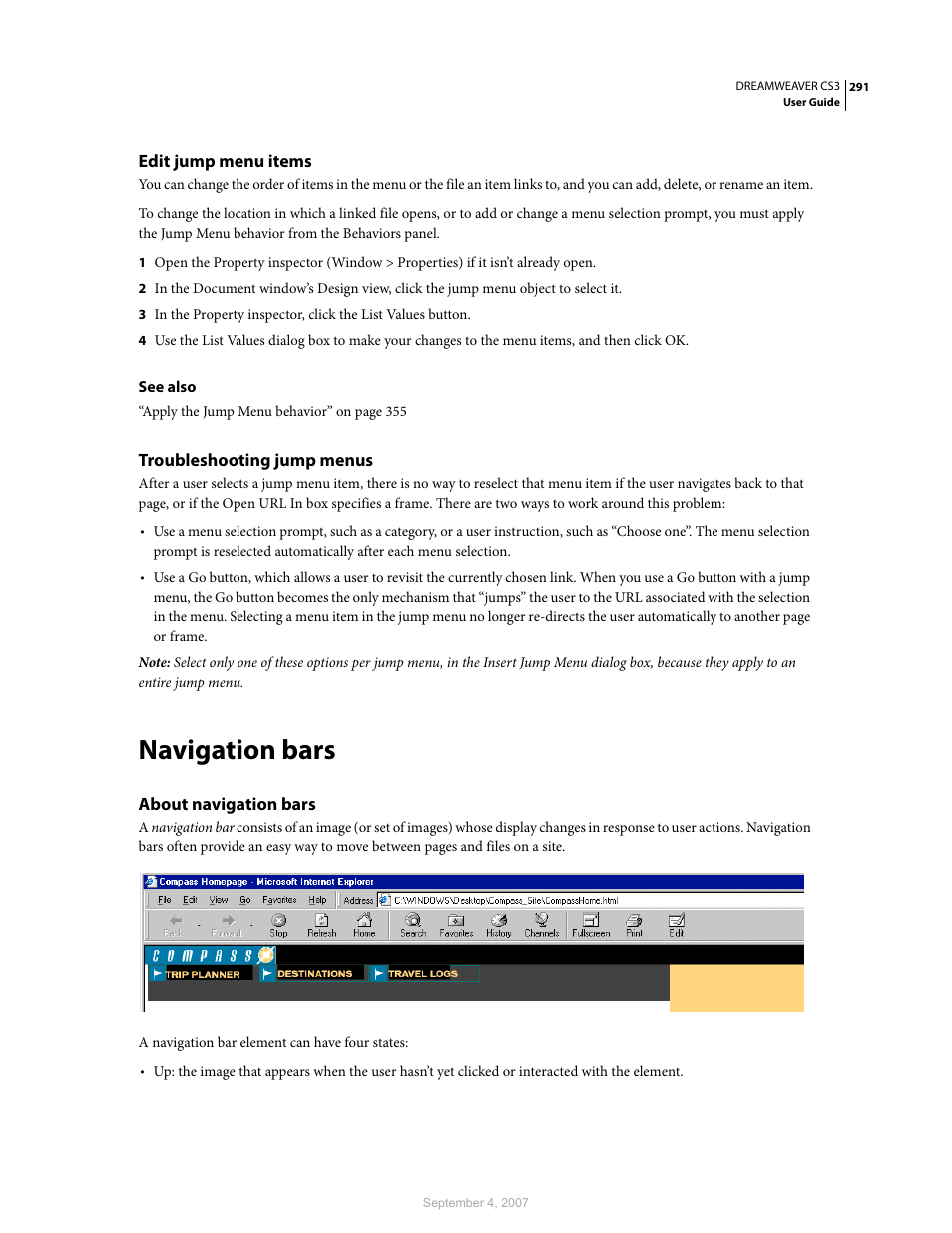 Edit jump menu items, Troubleshooting jump menus, Navigation bars | About navigation bars | Adobe Dreamweaver CS3 User Manual | Page 298 / 738