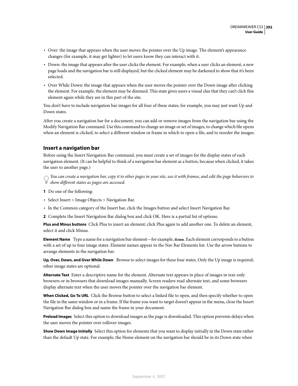 Insert a navigation bar | Adobe Dreamweaver CS3 User Manual | Page 299 / 738