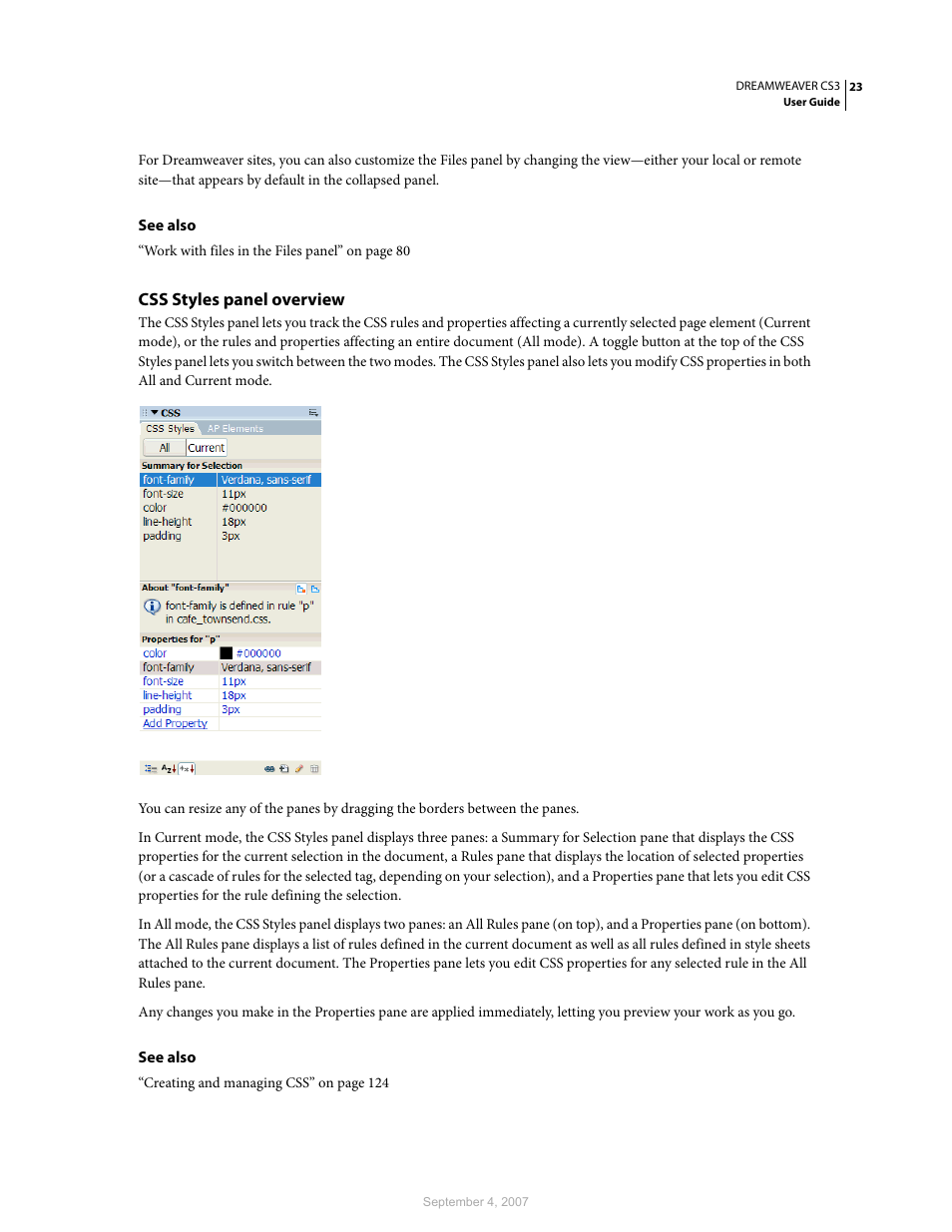 Css styles panel overview | Adobe Dreamweaver CS3 User Manual | Page 30 / 738