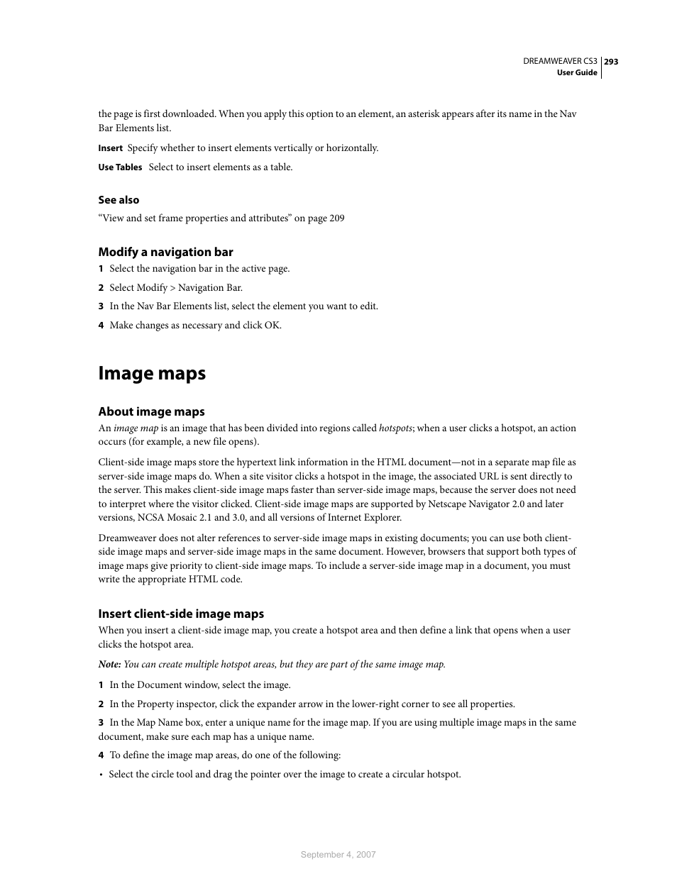 Modify a navigation bar, Image maps, About image maps | Insert client-side image maps | Adobe Dreamweaver CS3 User Manual | Page 300 / 738