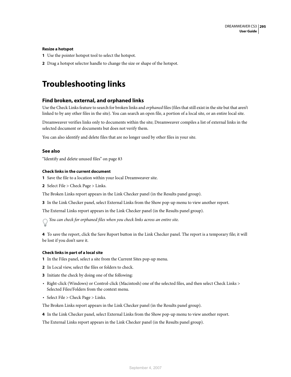 Troubleshooting links, Find broken, external, and orphaned links | Adobe Dreamweaver CS3 User Manual | Page 302 / 738