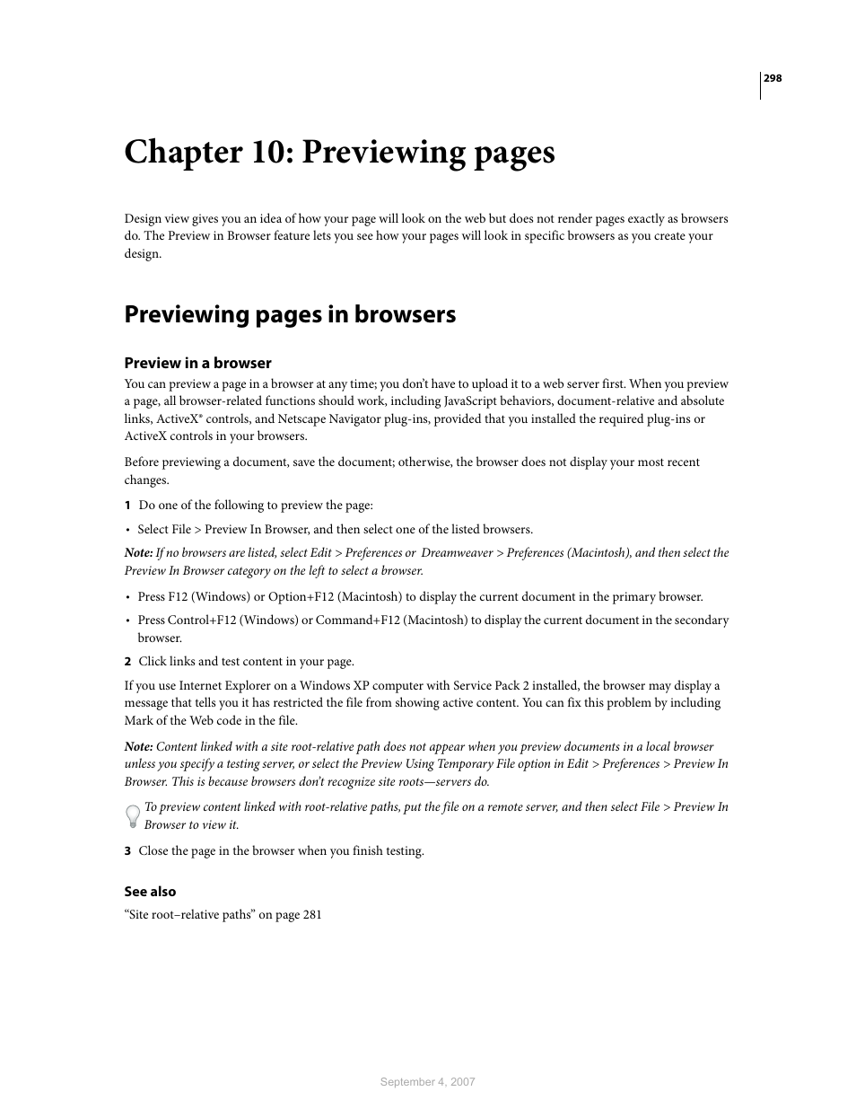 Preview in a browser, Chapter 10: previewing pages, Previewing pages in browsers | Adobe Dreamweaver CS3 User Manual | Page 305 / 738