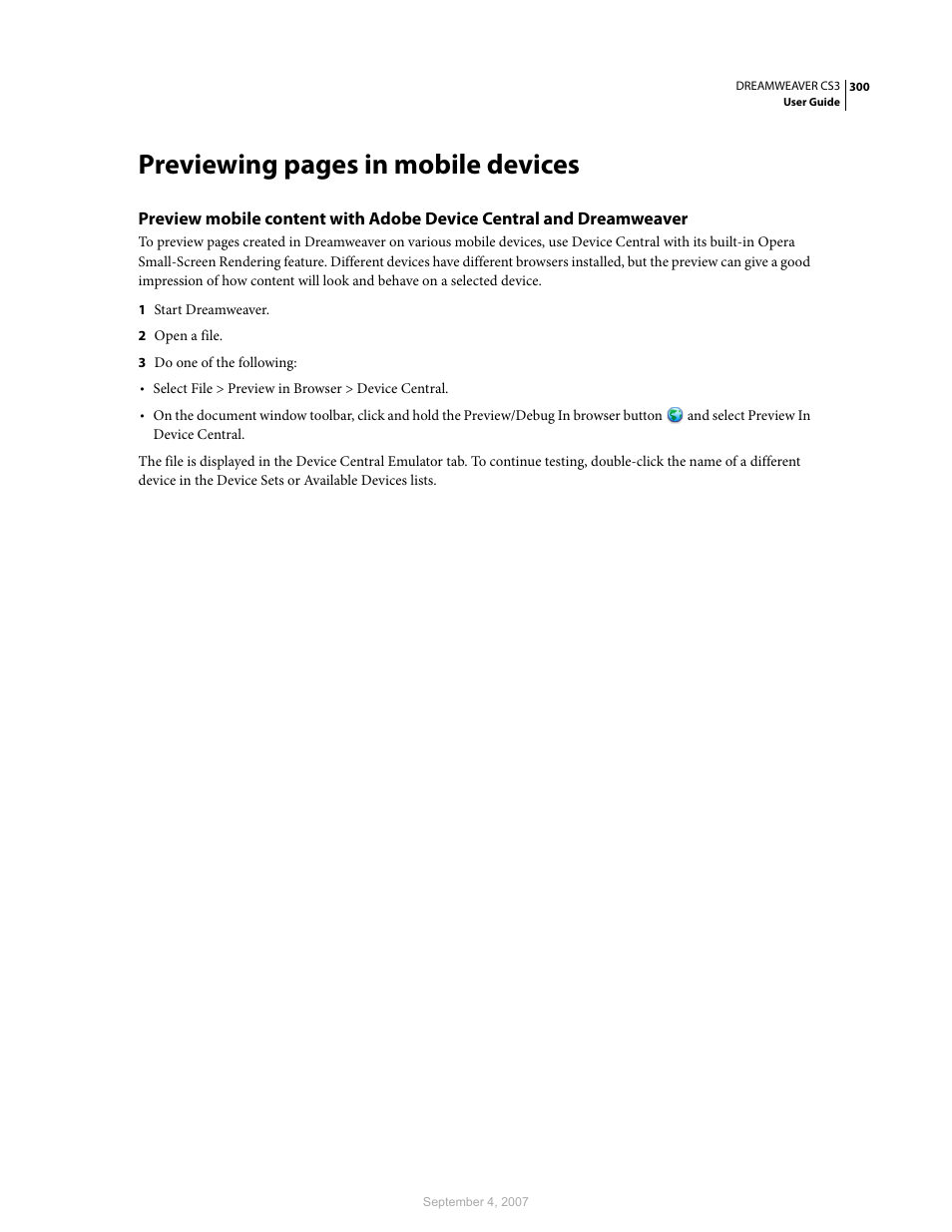 Previewing pages in mobile devices | Adobe Dreamweaver CS3 User Manual | Page 307 / 738