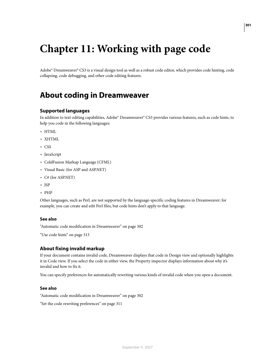 About coding in dreamweaver, Supported languages, About fixing invalid markup | Chapter 11: working with page code | Adobe Dreamweaver CS3 User Manual | Page 308 / 738