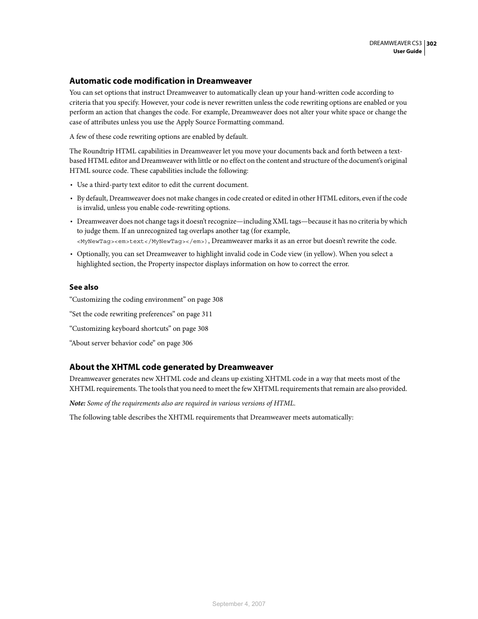 Automatic code modification in dreamweaver, About the xhtml code generated by dreamweaver | Adobe Dreamweaver CS3 User Manual | Page 309 / 738