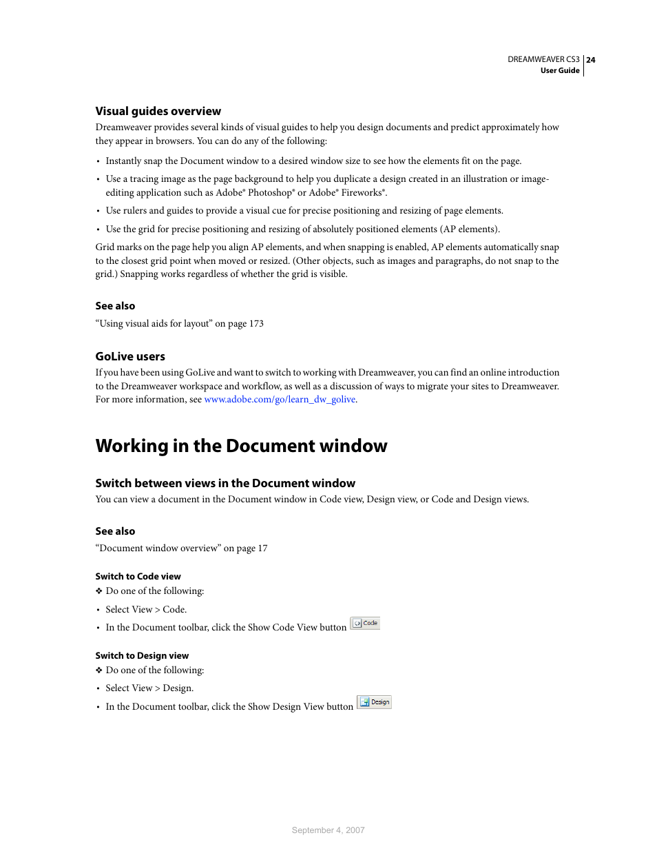 Visual guides overview, Golive users, Working in the document window | Switch between views in the document window | Adobe Dreamweaver CS3 User Manual | Page 31 / 738