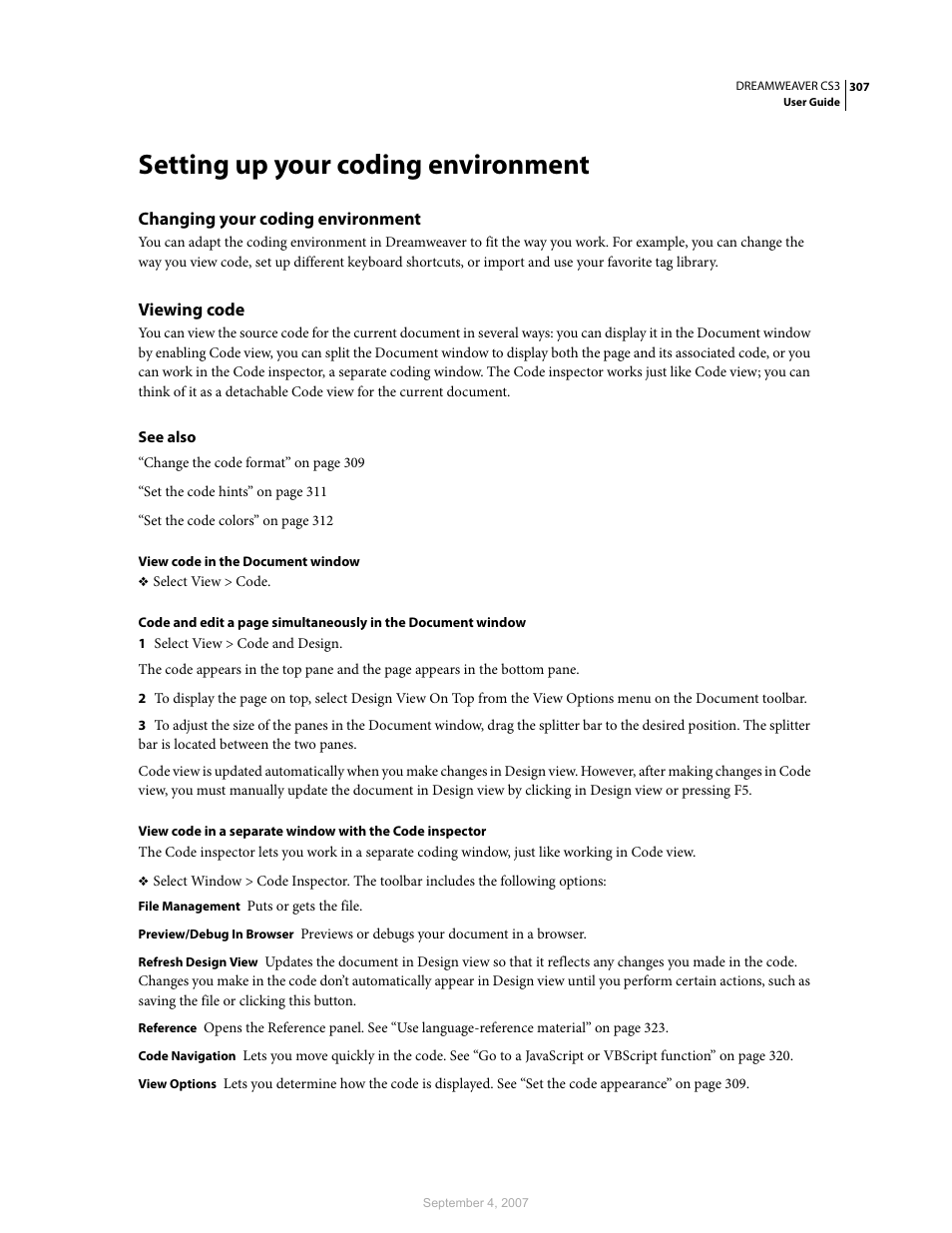 Setting up your coding environment, Changing your coding environment, Viewing code | Adobe Dreamweaver CS3 User Manual | Page 314 / 738