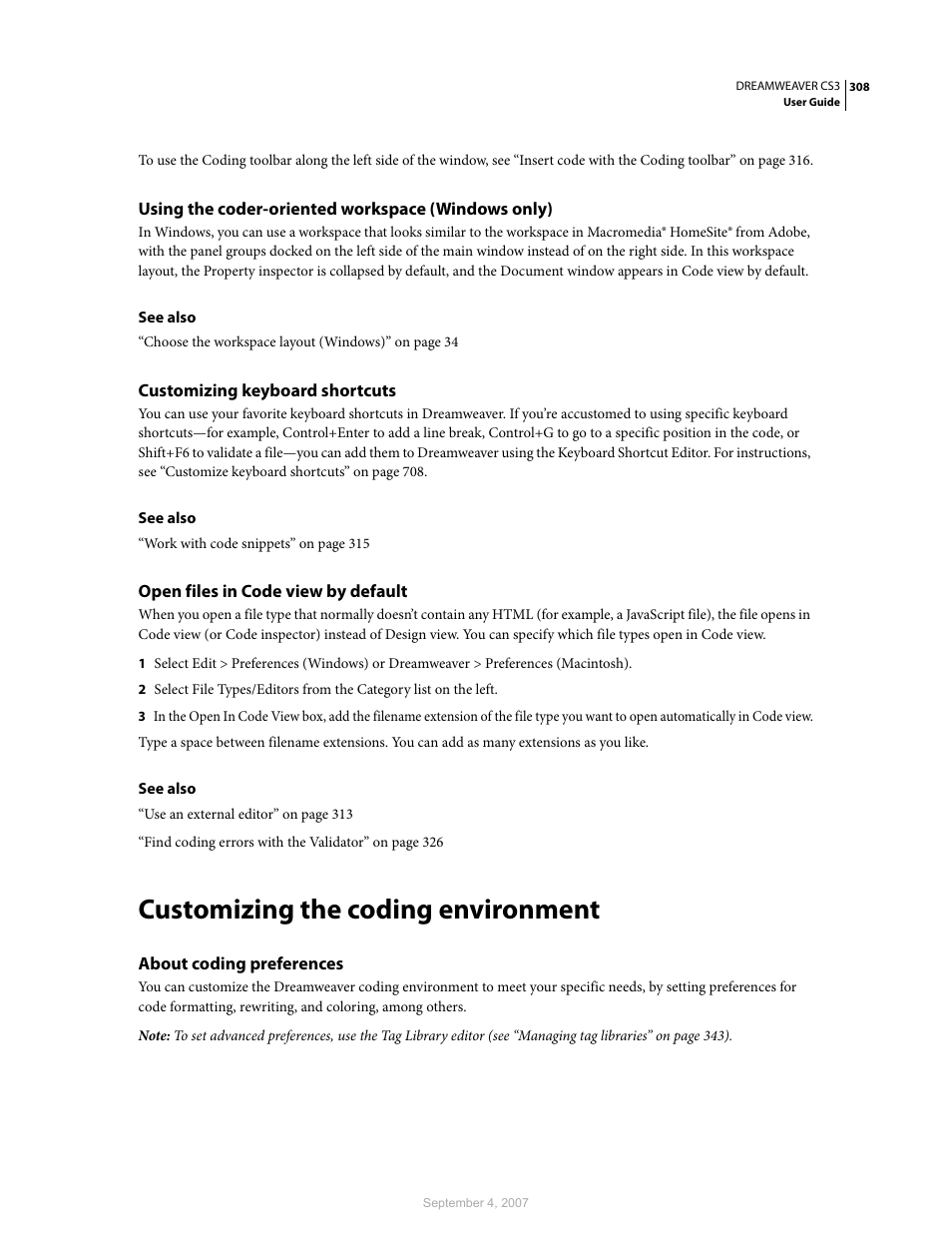 Using the coder-oriented workspace (windows only), Customizing keyboard shortcuts, Open files in code view by default | Customizing the coding environment, About coding preferences | Adobe Dreamweaver CS3 User Manual | Page 315 / 738