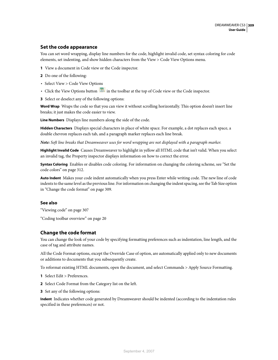 Set the code appearance, Change the code format | Adobe Dreamweaver CS3 User Manual | Page 316 / 738