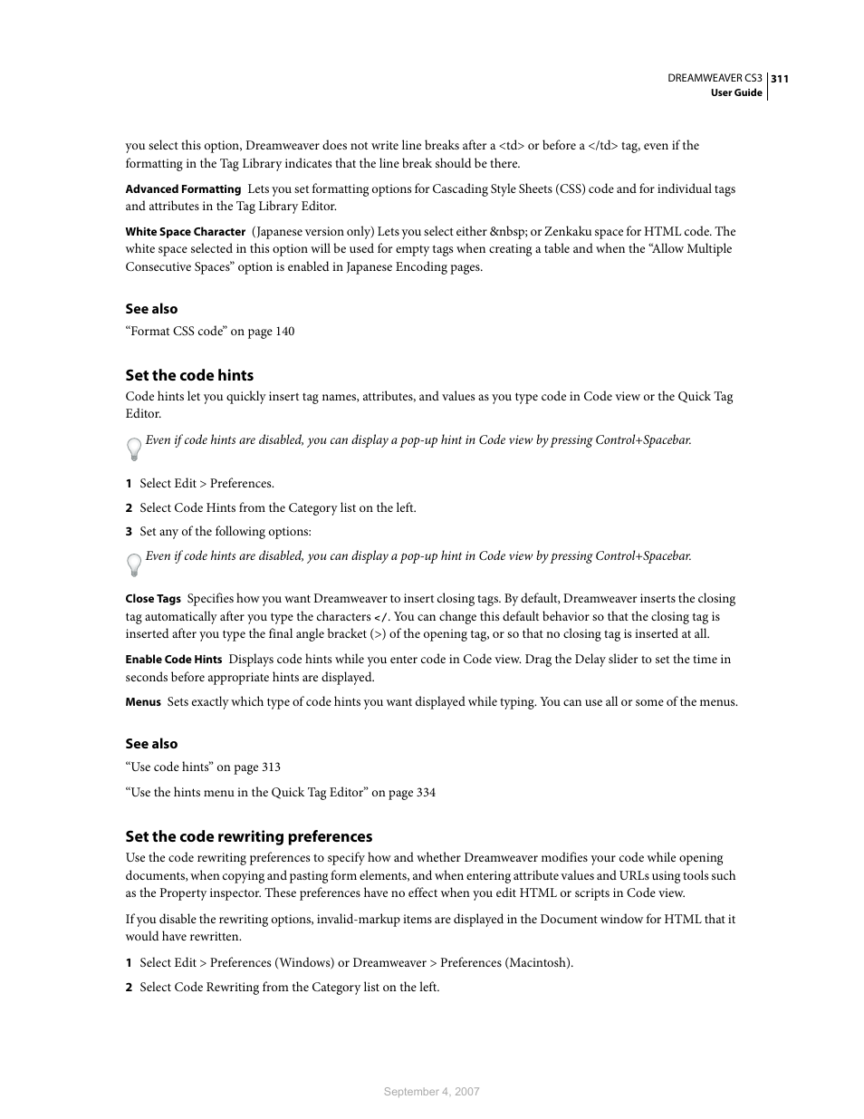 Set the code hints, Set the code rewriting preferences | Adobe Dreamweaver CS3 User Manual | Page 318 / 738