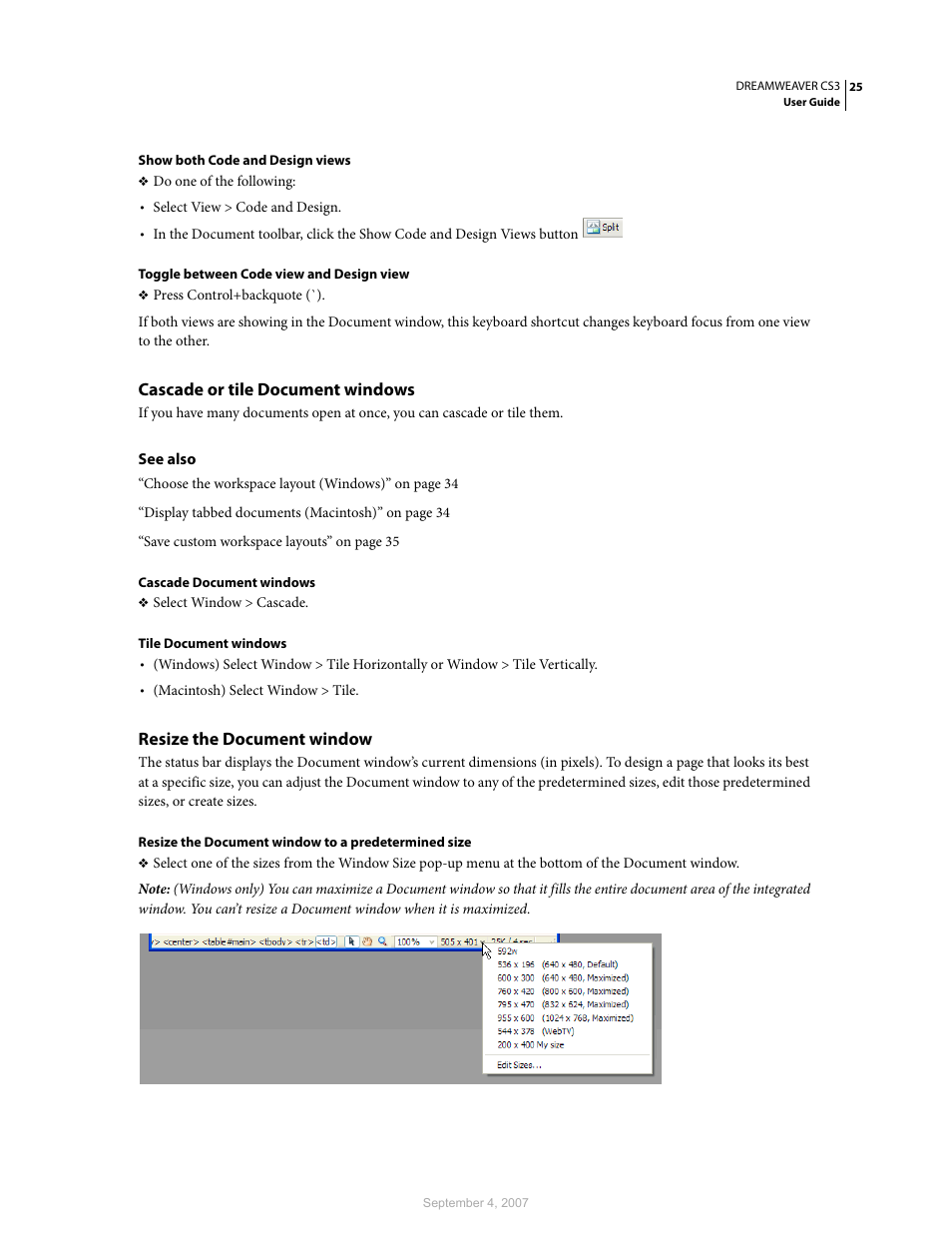 Cascade or tile document windows, Resize the document window | Adobe Dreamweaver CS3 User Manual | Page 32 / 738