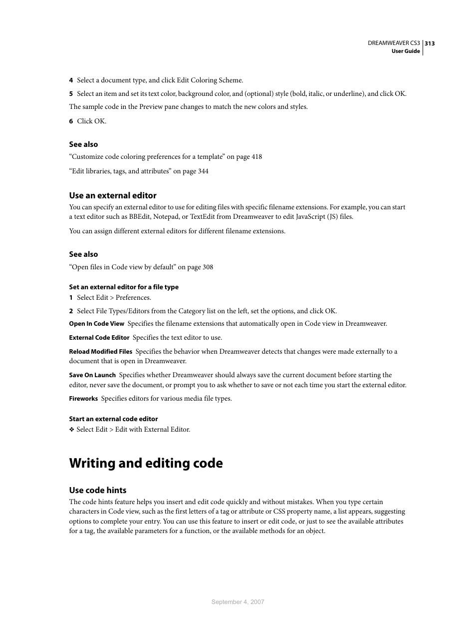 Use an external editor, Writing and editing code, Use code hints | Adobe Dreamweaver CS3 User Manual | Page 320 / 738