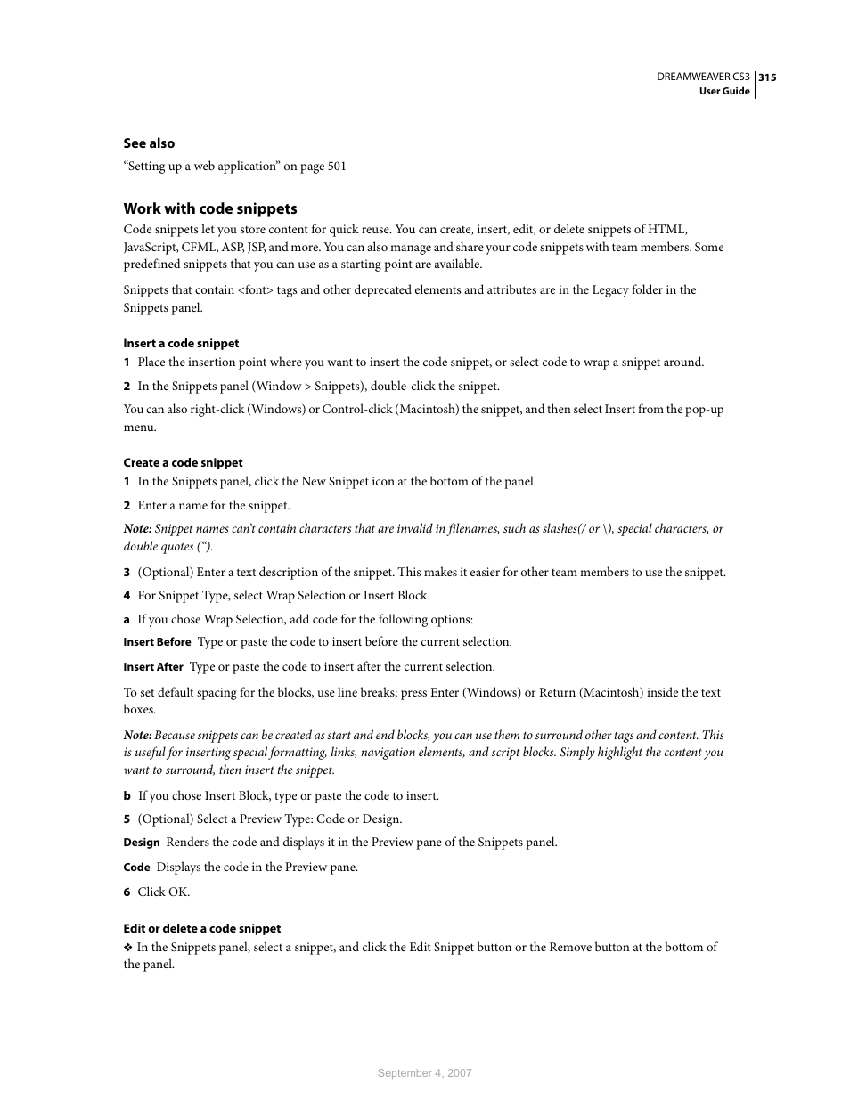 Work with code snippets | Adobe Dreamweaver CS3 User Manual | Page 322 / 738