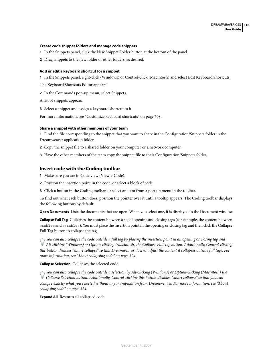Insert code with the coding toolbar | Adobe Dreamweaver CS3 User Manual | Page 323 / 738