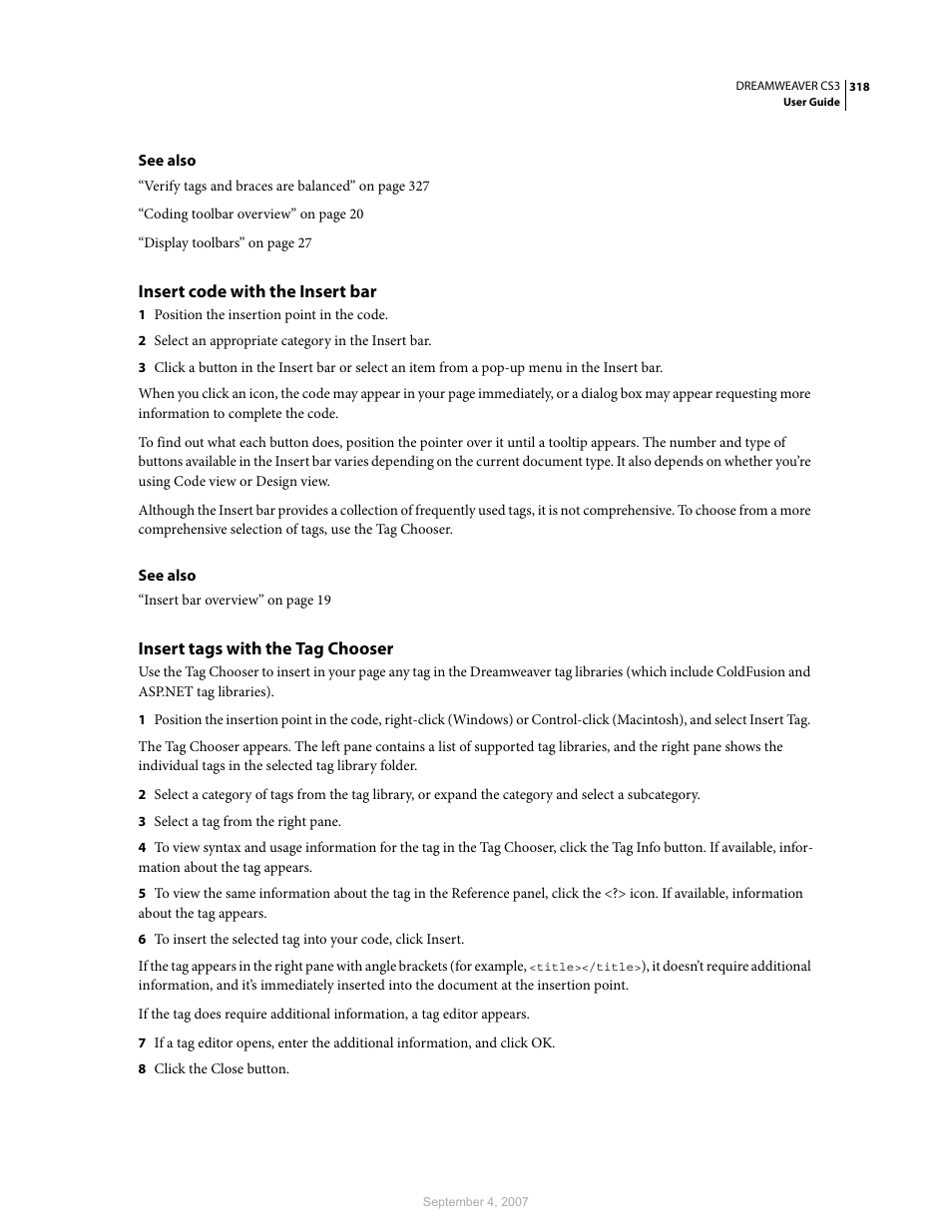 Insert code with the insert bar, Insert tags with the tag chooser | Adobe Dreamweaver CS3 User Manual | Page 325 / 738