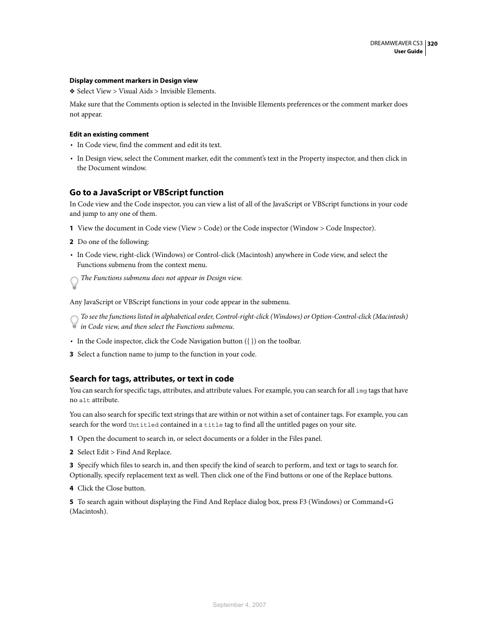 Go to a javascript or vbscript function, Search for tags, attributes, or text in code | Adobe Dreamweaver CS3 User Manual | Page 327 / 738