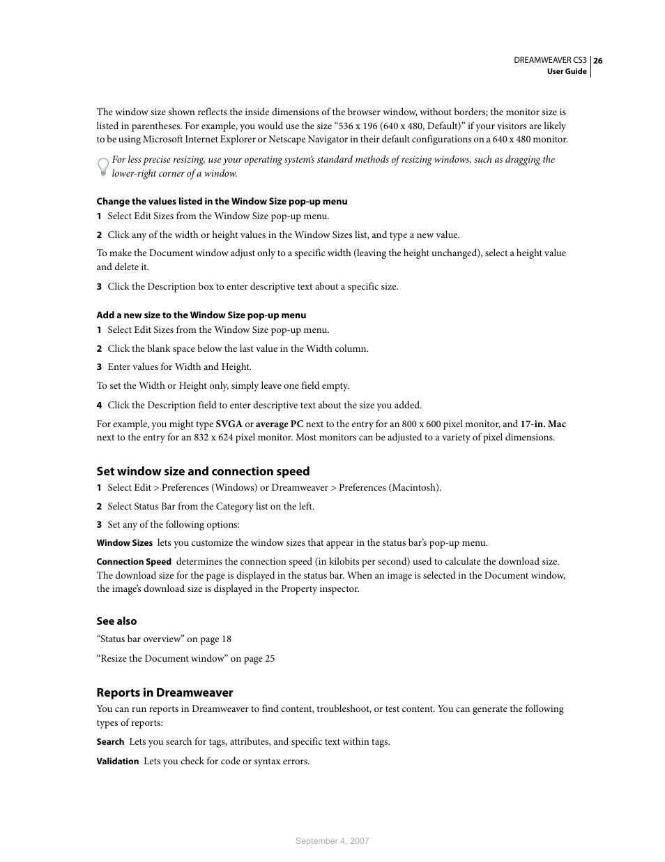 Set window size and connection speed, Reports in dreamweaver | Adobe Dreamweaver CS3 User Manual | Page 33 / 738