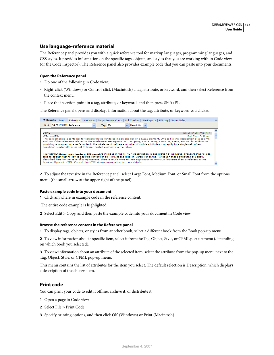 Use language-reference material, Print code | Adobe Dreamweaver CS3 User Manual | Page 330 / 738