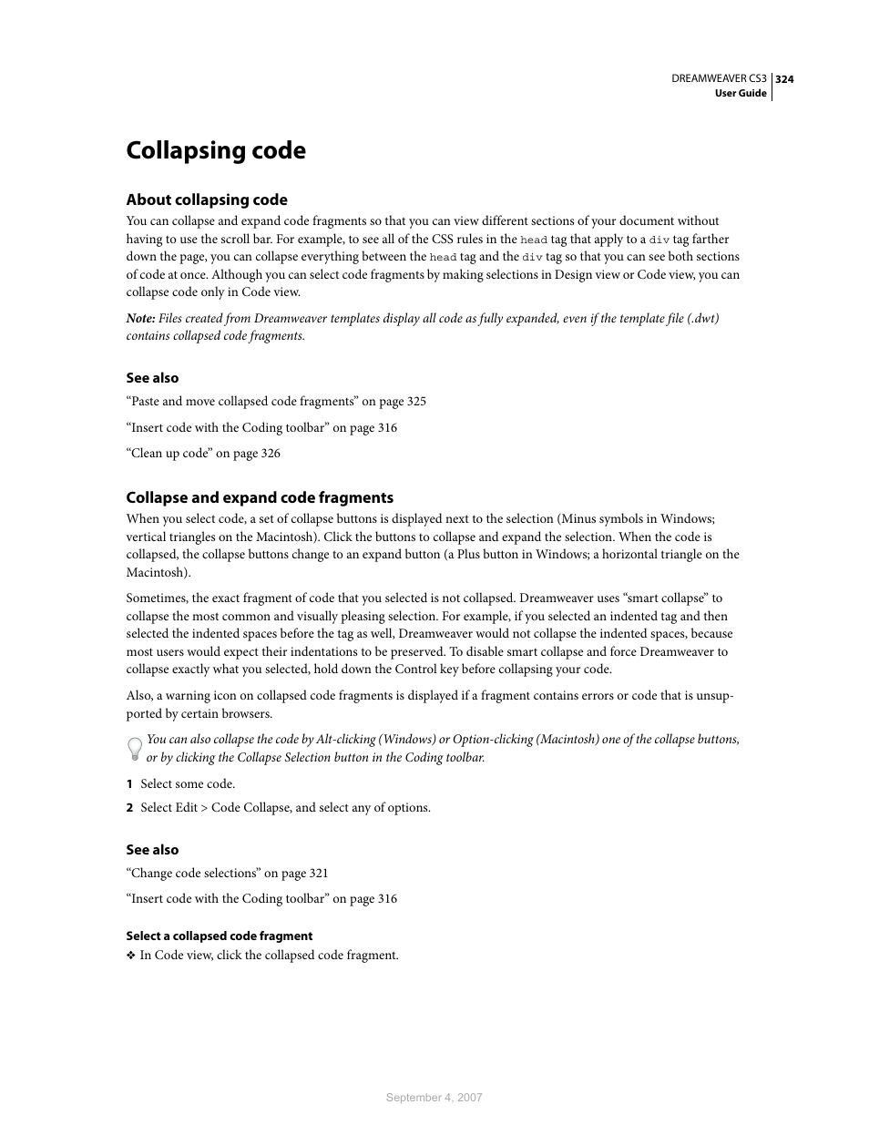 Collapsing code, About collapsing code, Collapse and expand code fragments | Adobe Dreamweaver CS3 User Manual | Page 331 / 738