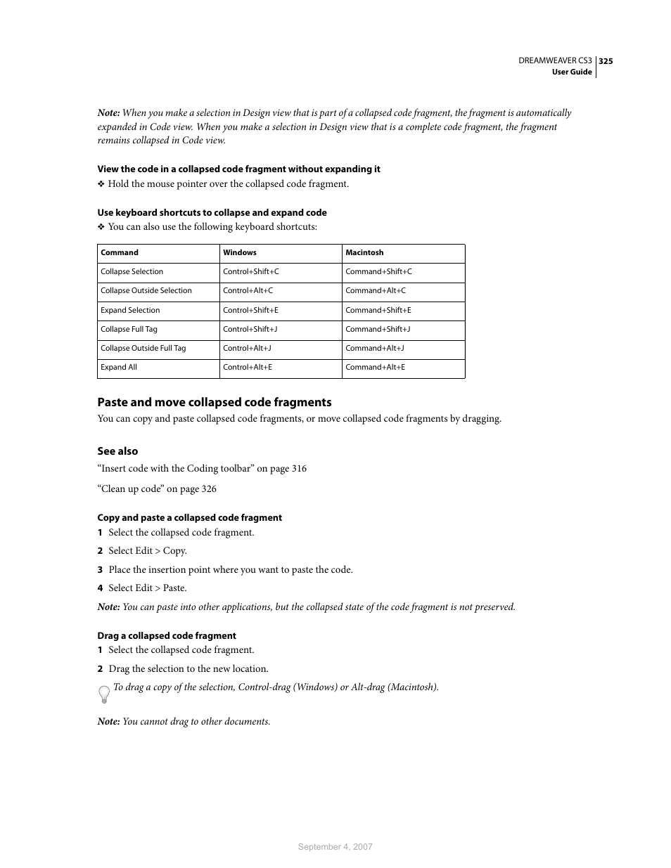 Paste and move collapsed code fragments | Adobe Dreamweaver CS3 User Manual | Page 332 / 738