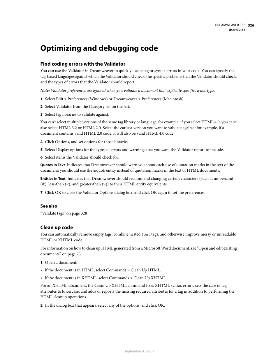 Optimizing and debugging code, Find coding errors with the validator, Clean up code | Adobe Dreamweaver CS3 User Manual | Page 333 / 738