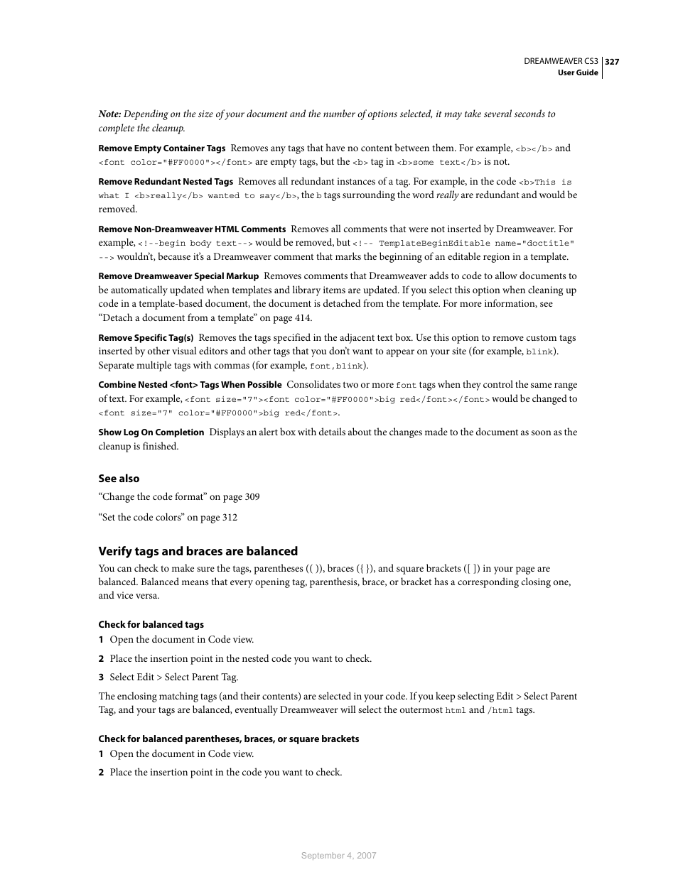 Verify tags and braces are balanced | Adobe Dreamweaver CS3 User Manual | Page 334 / 738