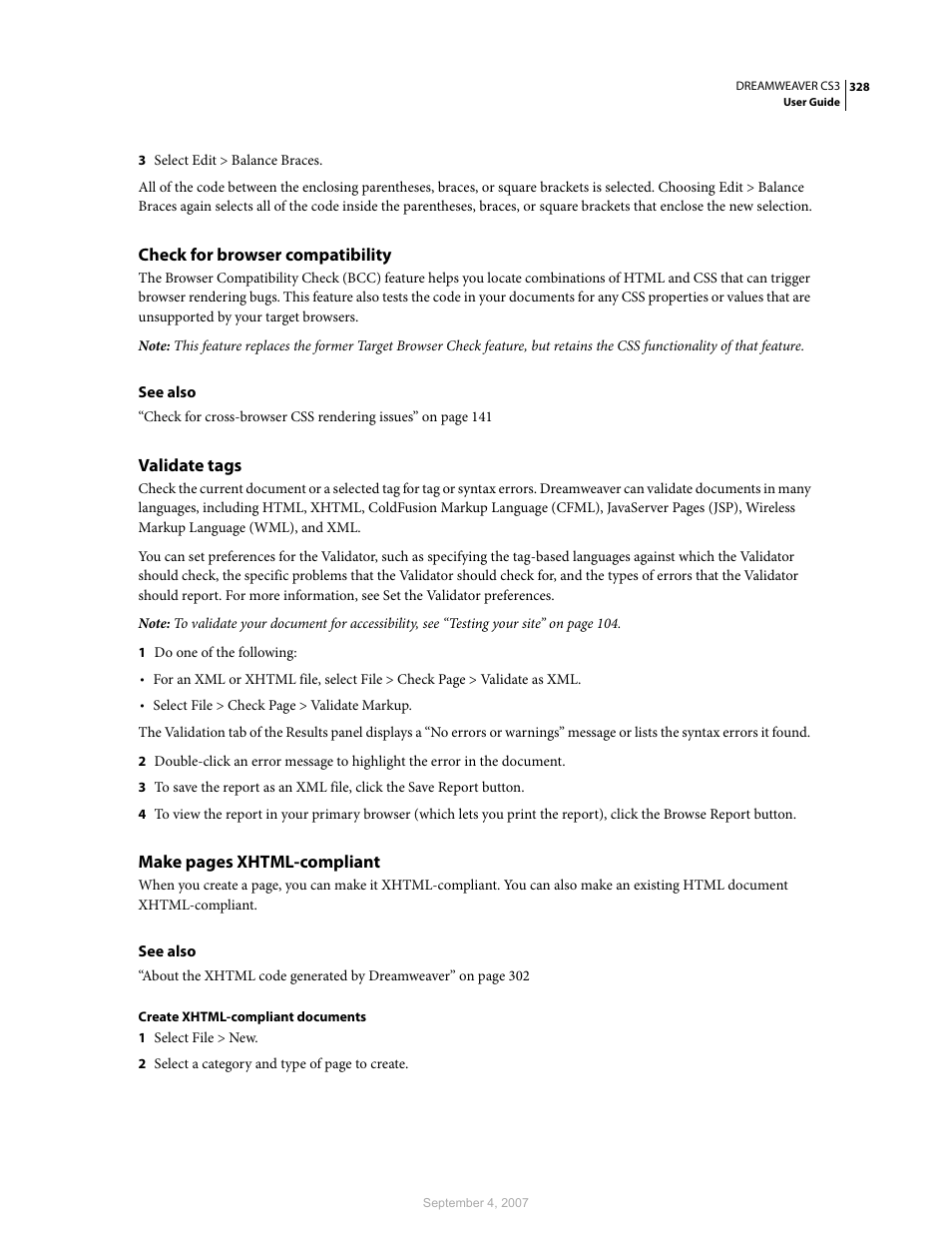 Check for browser compatibility, Validate tags | Adobe Dreamweaver CS3 User Manual | Page 335 / 738