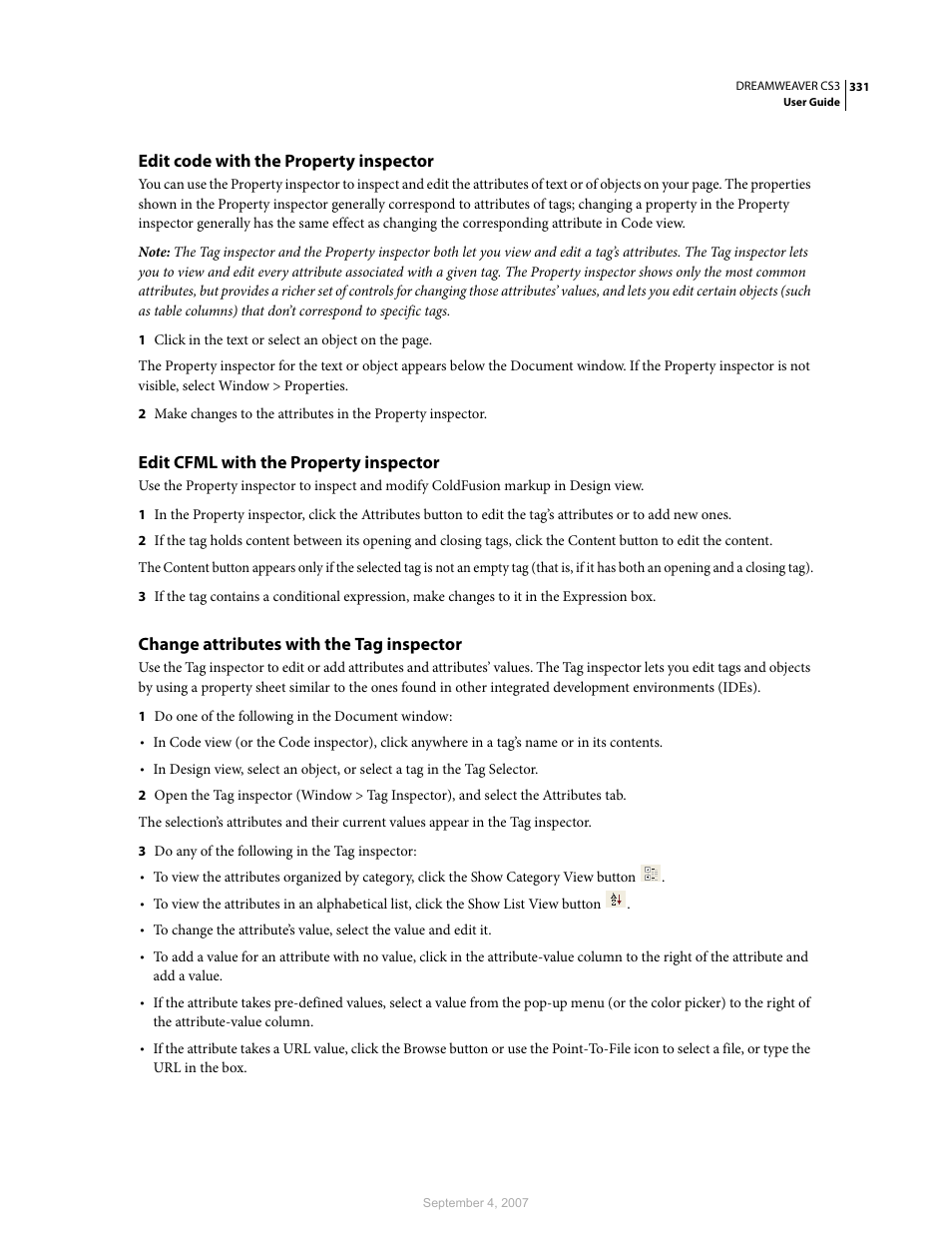 Edit code with the property inspector, Edit cfml with the property inspector, Change attributes with the tag inspector | Adobe Dreamweaver CS3 User Manual | Page 338 / 738