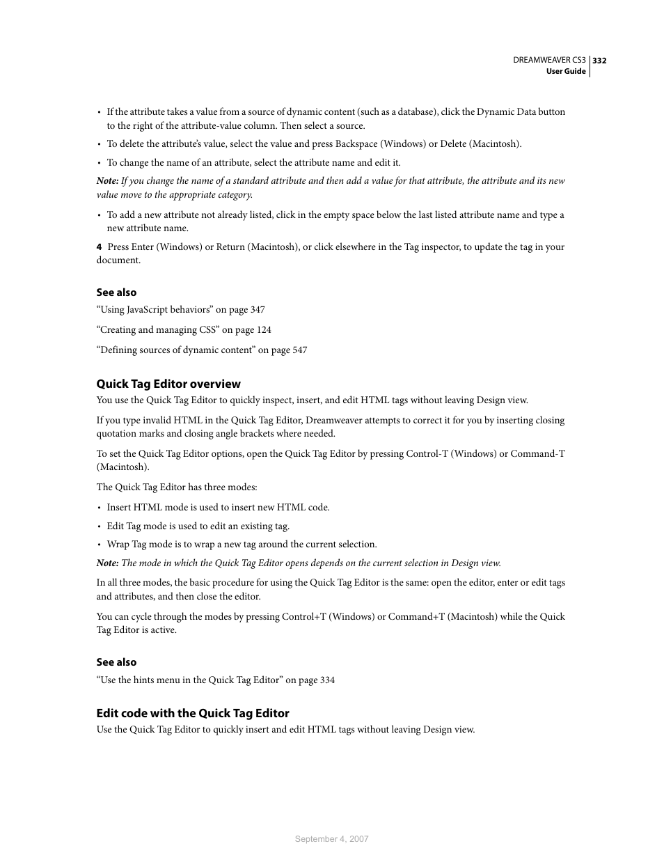 Quick tag editor overview, Edit code with the quick tag editor | Adobe Dreamweaver CS3 User Manual | Page 339 / 738