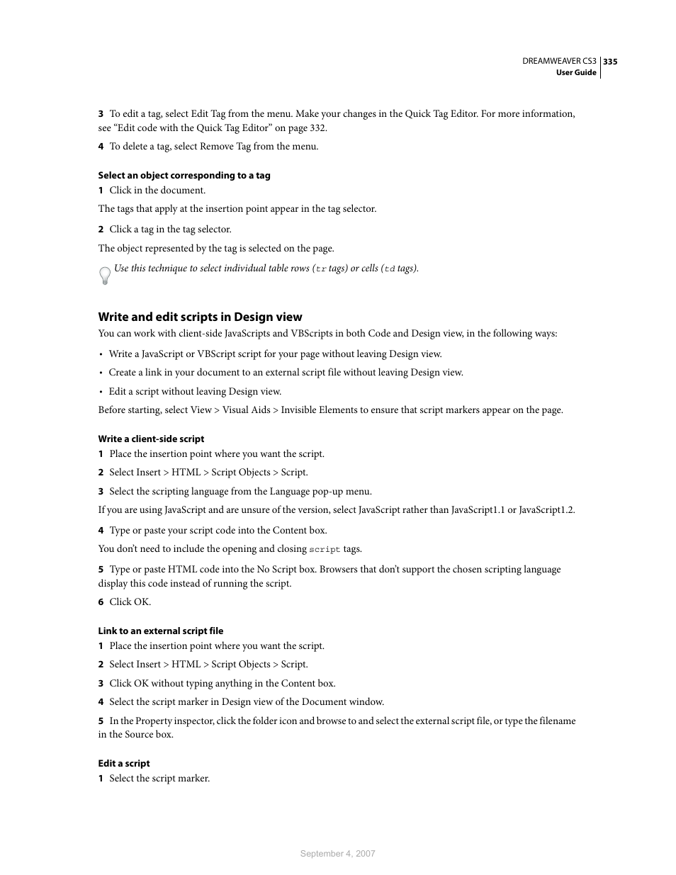 Write and edit scripts in design view | Adobe Dreamweaver CS3 User Manual | Page 342 / 738