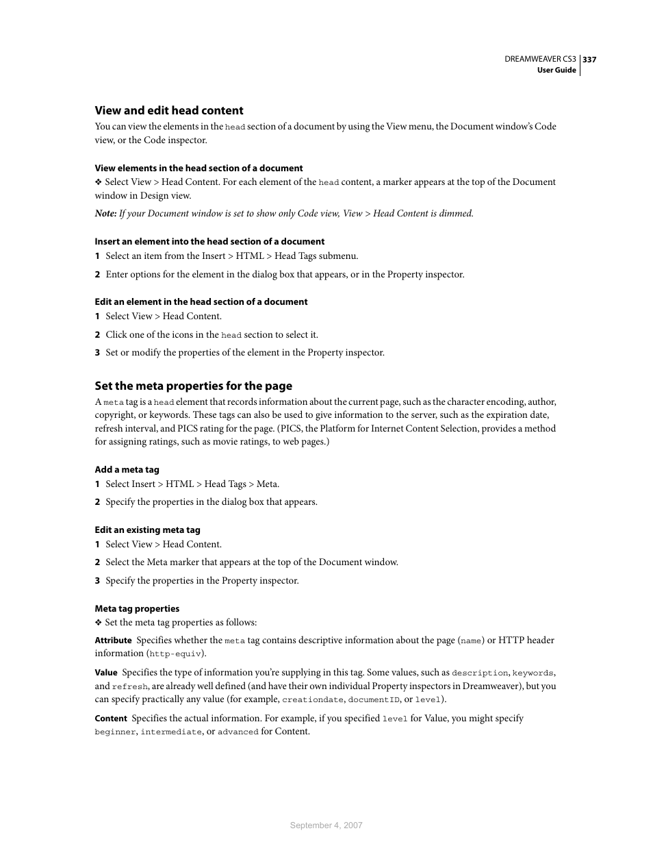 View and edit head content, Set the meta properties for the page | Adobe Dreamweaver CS3 User Manual | Page 344 / 738