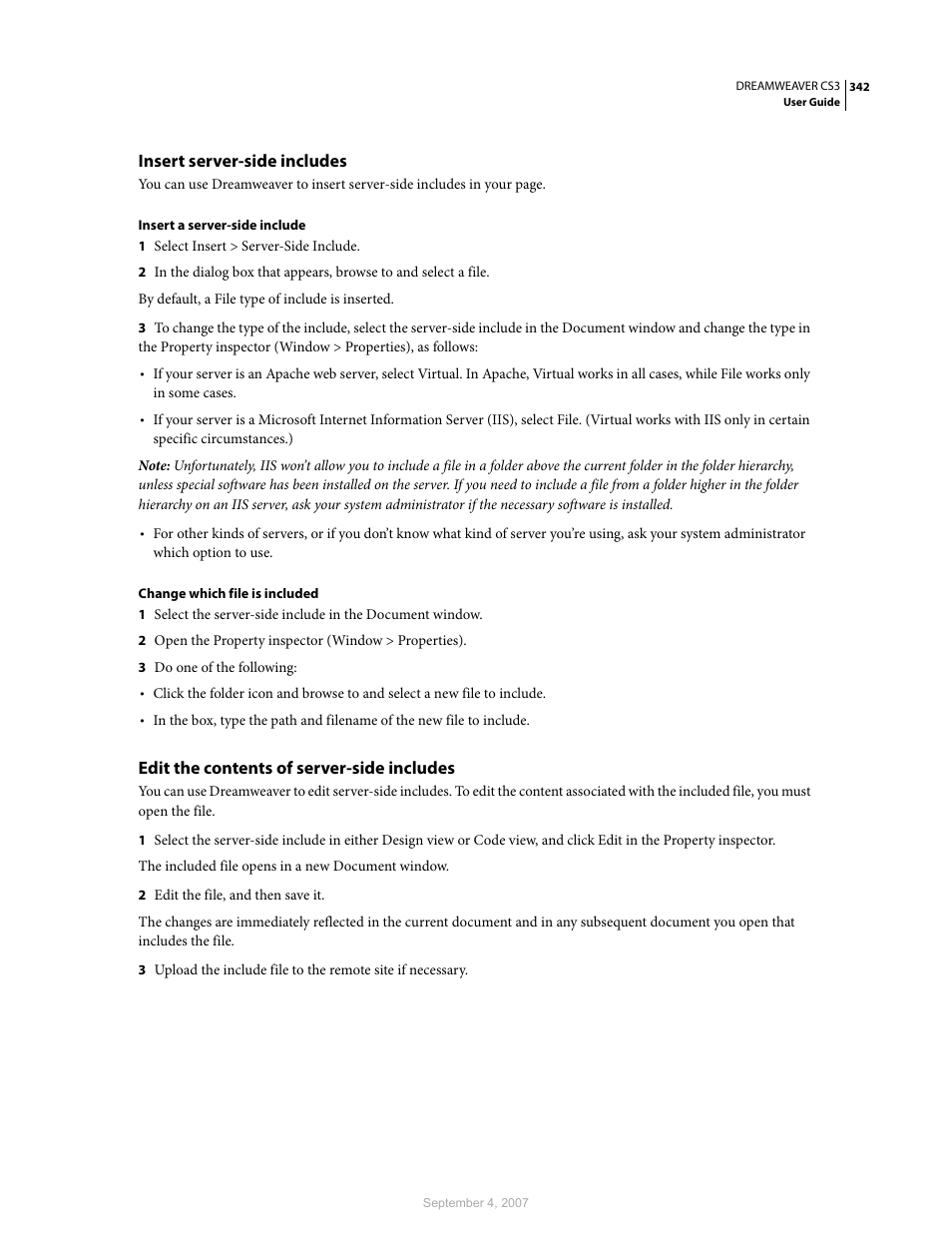 Insert server-side includes, Edit the contents of server-side includes | Adobe Dreamweaver CS3 User Manual | Page 349 / 738