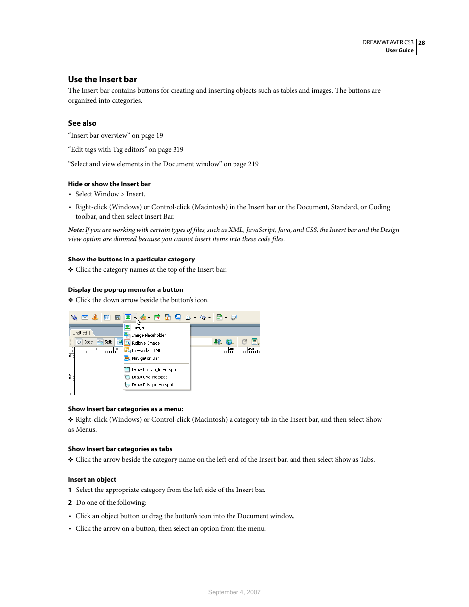 Use the insert bar | Adobe Dreamweaver CS3 User Manual | Page 35 / 738