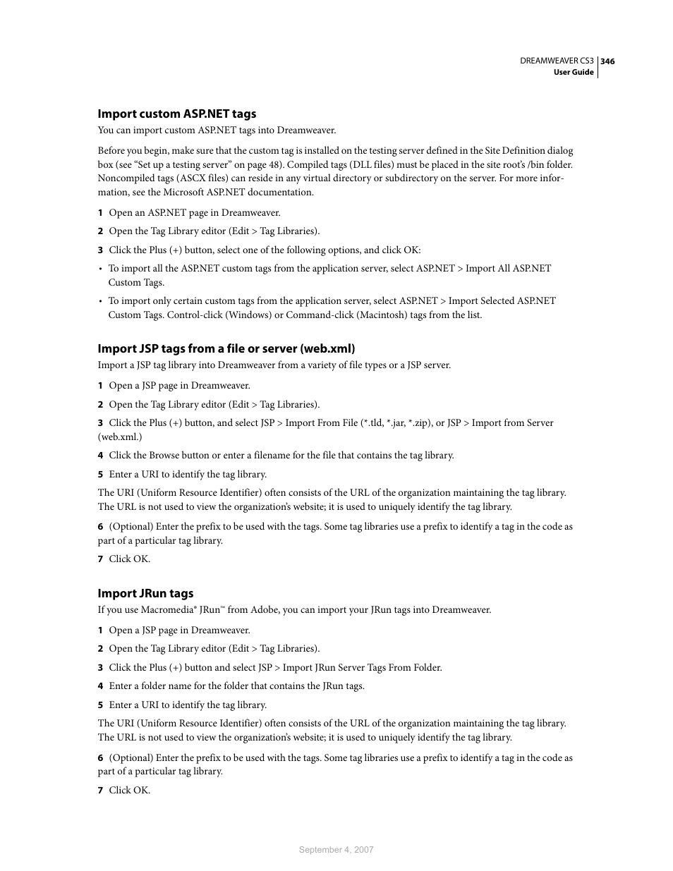 Import custom asp.net tags, Import jsp tags from a file or server (web.xml), Import jrun tags | Adobe Dreamweaver CS3 User Manual | Page 353 / 738