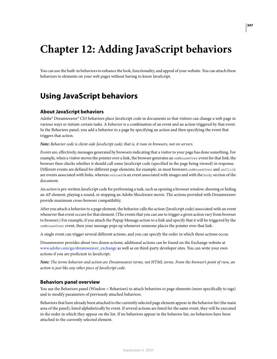 Chapter 12: adding javascript behaviors, Using javascript behaviors, About javascript behaviors | Behaviors panel overview | Adobe Dreamweaver CS3 User Manual | Page 354 / 738